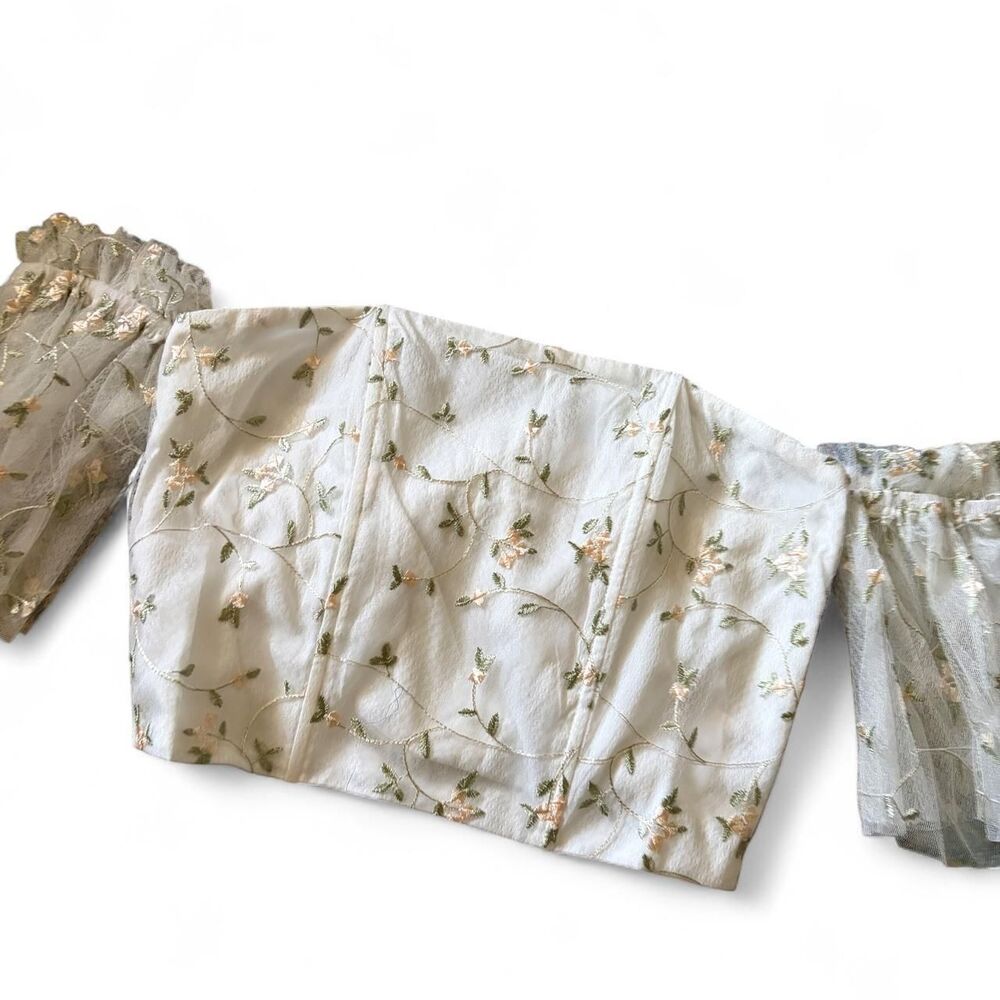 LULUMARI White Floral Embroidered Mesh Puff‎ Sleeve Crop Top Large TA20060